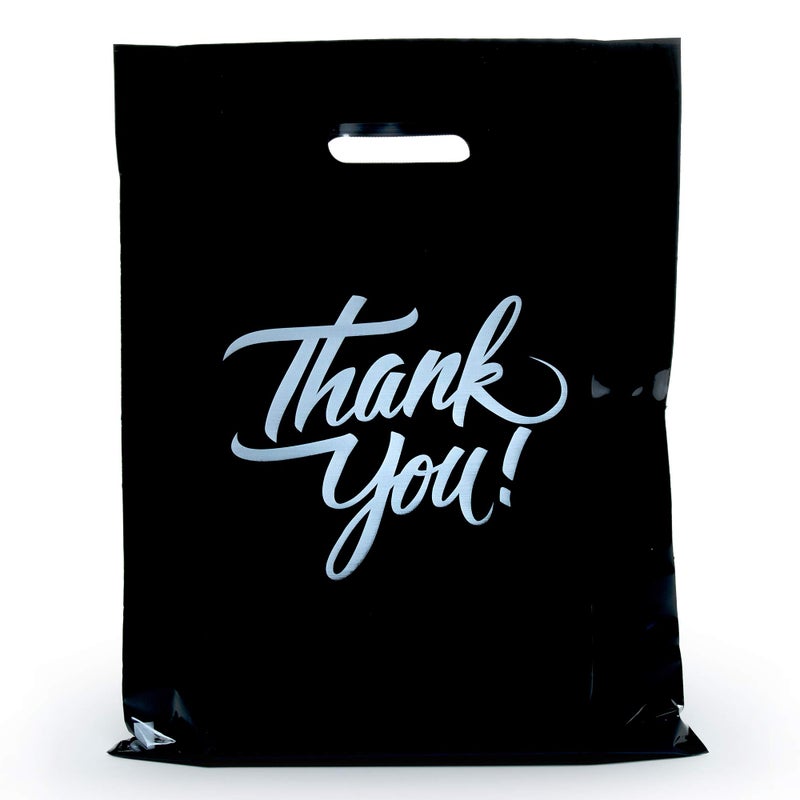 Infinite Pack Black, 16"x18" (100pcs) Thank You Merchandise Bags - Die Cut Handles, Reusable Plastic Gift Bags for Boutique, Goodie and Favors - Image 1